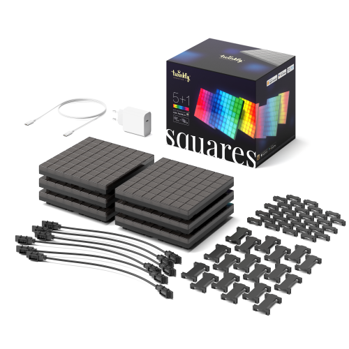 Twinkly 1 Square Master + 5 Squares Slaves Blocks, 64 RGB Pixels, 16x16 cm, Black, BT+WiFi, Gen II, IP20. Adapter included