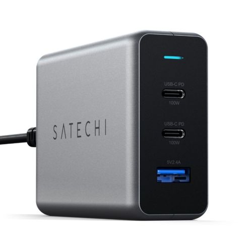 Satechi USB-C 100W GaN PD Dual Port Travel Charger Space Grey