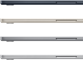 Četri MacBook Air portatīvie visās pieejamās apdares krāsās: pusnakts, zvaigžņu, astropelēkā un sudraba