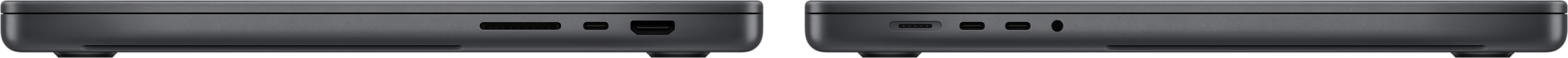 MacBook Pro sānu skatā ir redzams SDXC kartes slots, trīs Thunderbolt 4 porti, HDMI ports, MagSafe 3 uzlādes ports un austiņu ligzda.